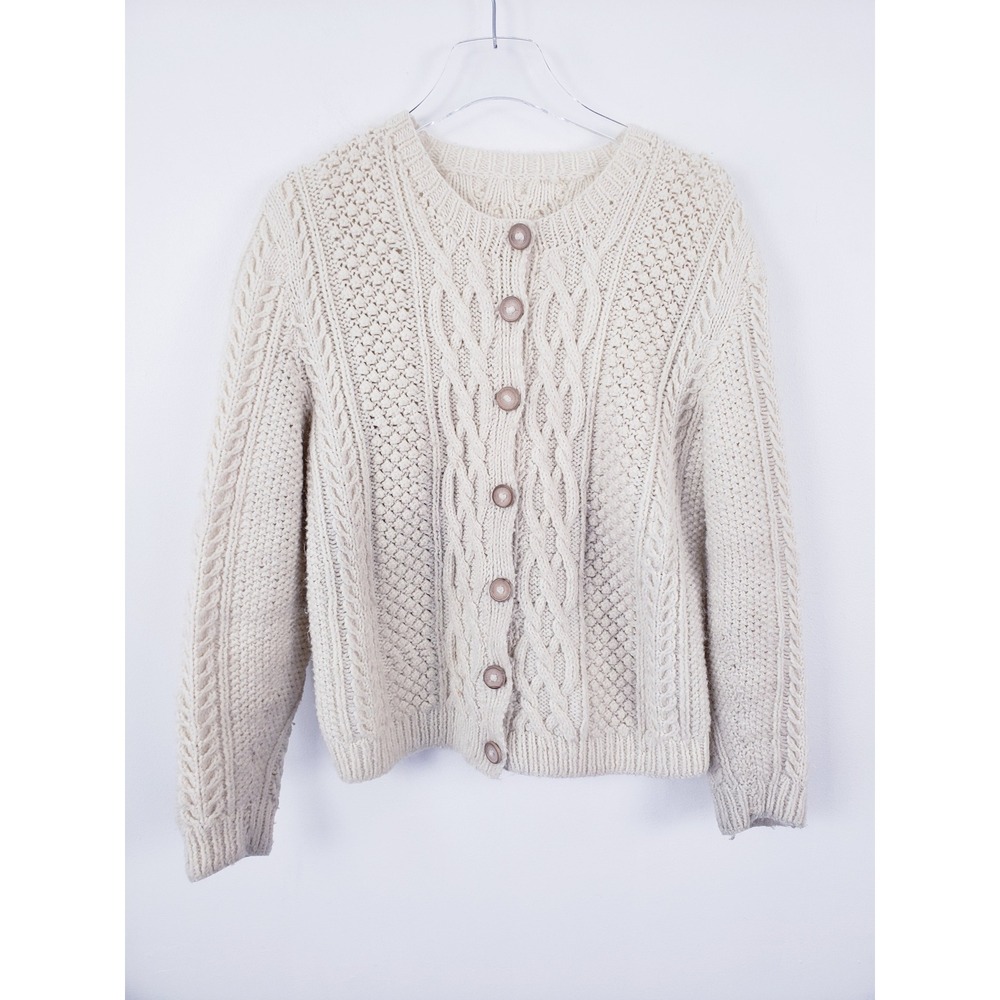 Vintage Handknit Cardigan Sweater Cream Cableknit Chunky Button Up Size Medium